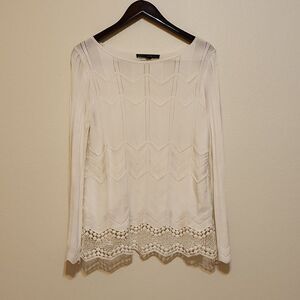 white house black market Bell Sleeve Woven Back Embroidered Sweater S Scallop